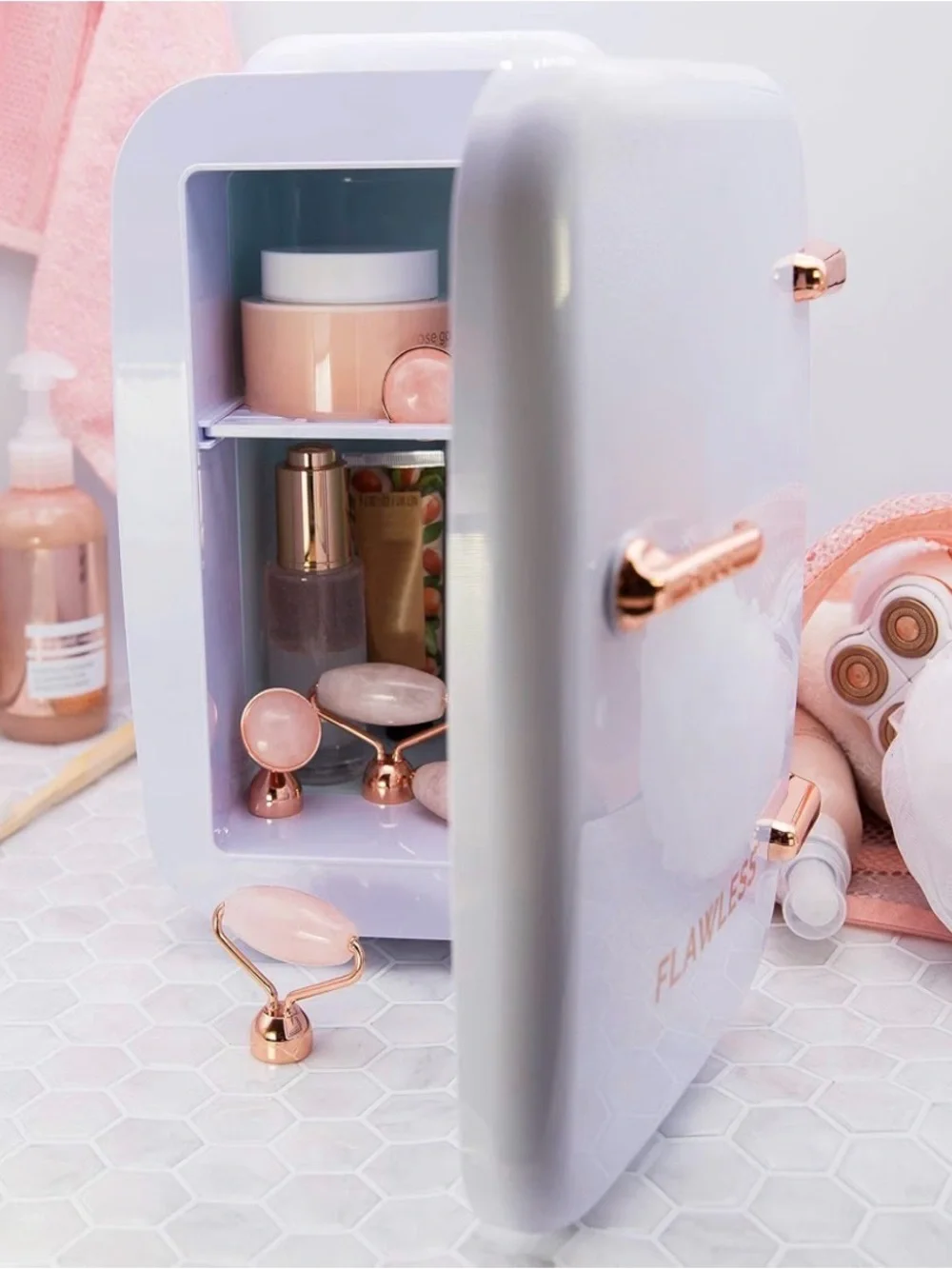 FLAWLESS White Mini Fridge with Rose Gold Accents